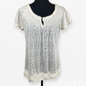 Lucky Brand Elegant Cream white Lace knit stretch Women's Top Blouse XL